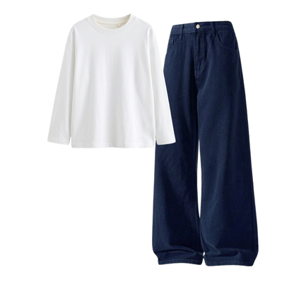Darkblue Wide-Leg Baggy Jeans With Full Sleeves T-Shirt