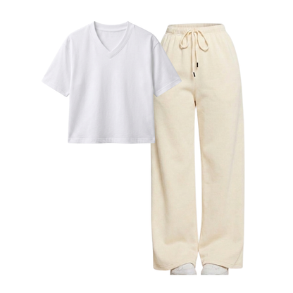 Beige Wide-Leg Trouser With Crop V-Neck T-Shirt