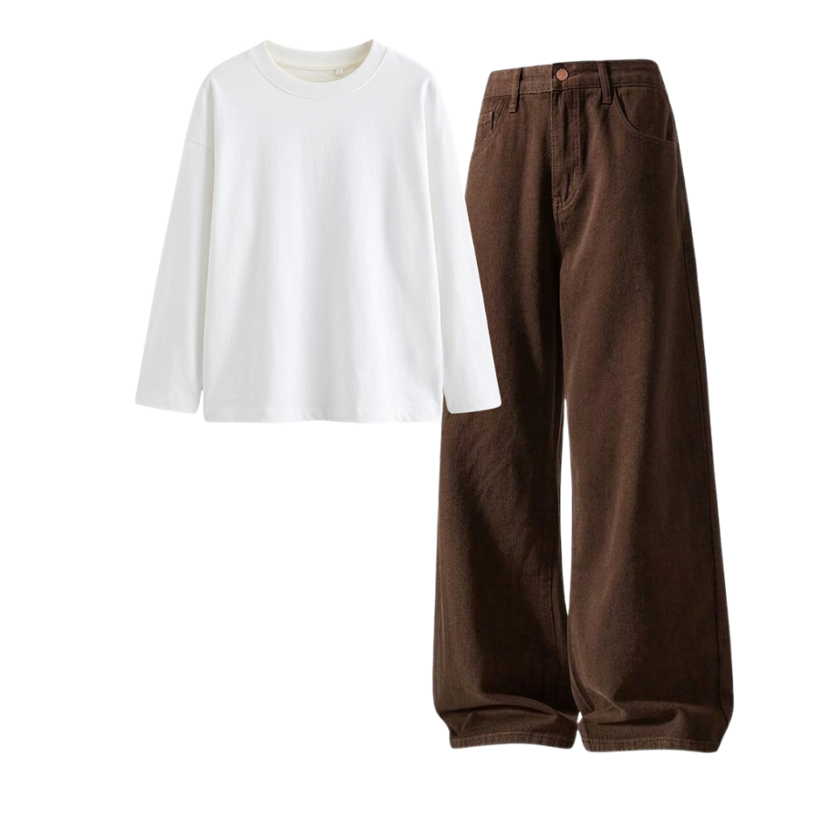 Brown Wide-Leg Baggy Jeans With Full Sleeves T-Shirt