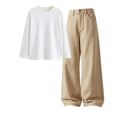 Beige Wide-Leg Baggy Jeans With Full Sleeves T-Shirt