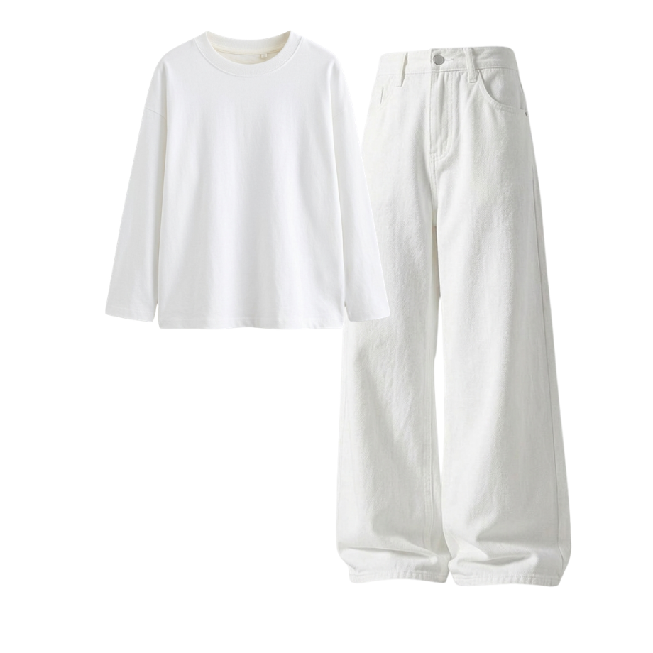White Wide-Leg Baggy Jeans With Full Sleeves T-Shirt