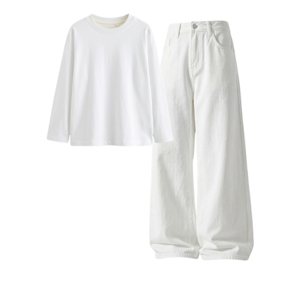 White Wide-Leg Baggy Jeans With Full Sleeves T-Shirt