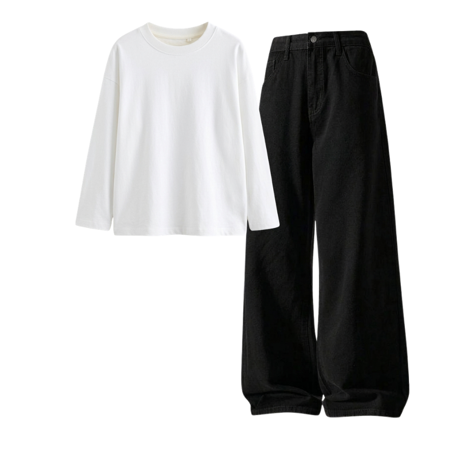 Black Wide-Leg Baggy Jeans With Full Sleeves T-Shirt