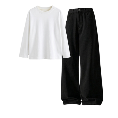 Black Wide-Leg Baggy Jeans With Full Sleeves T-Shirt