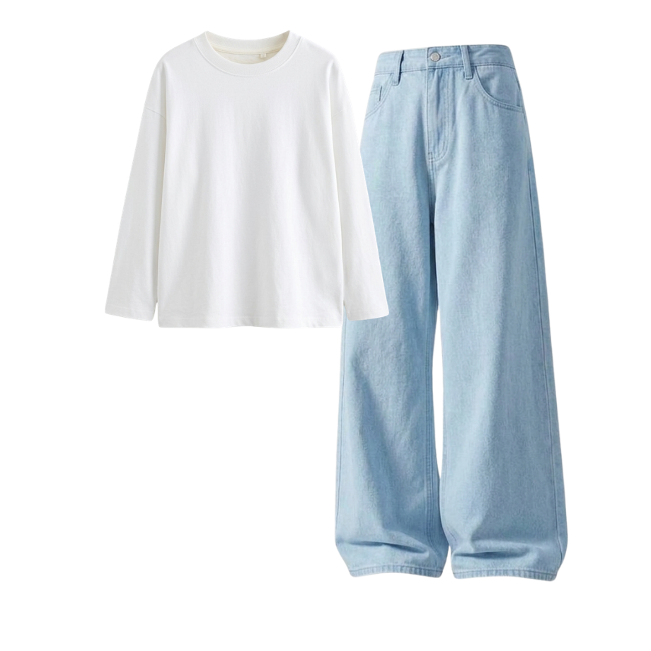 Iceblue Wide-Leg Baggy Jeans With Full Sleeves T-Shirt