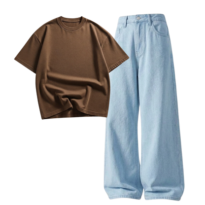 Iceblue Wide-Leg Baggy Jeans With Oversized Drop Shoulder T-Shirt
