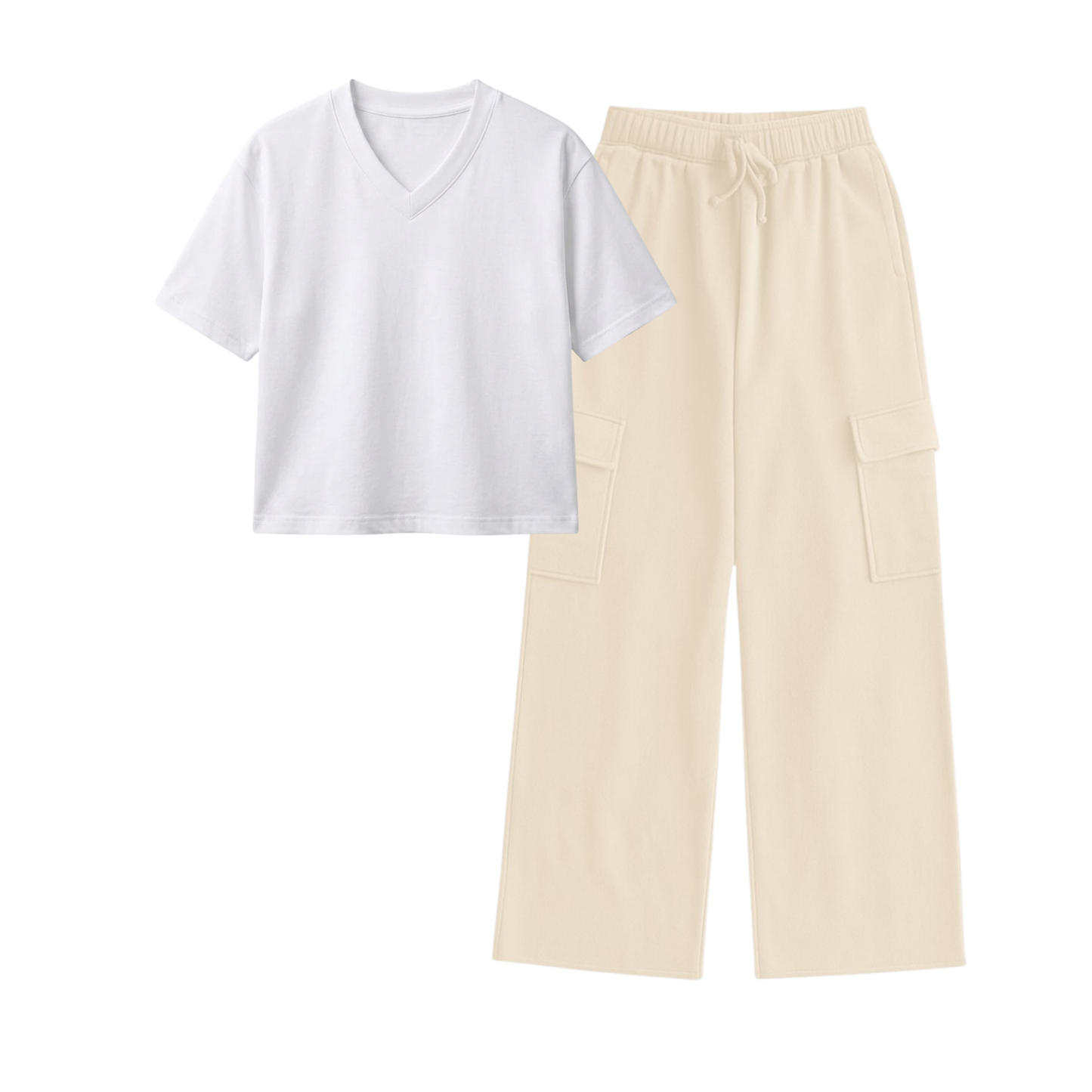 Cream Wide-Leg Cargo With Crop V-Neck T-Shirt