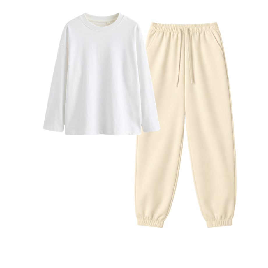 Cream Sweatpant With Full Sleeves T-Shirt