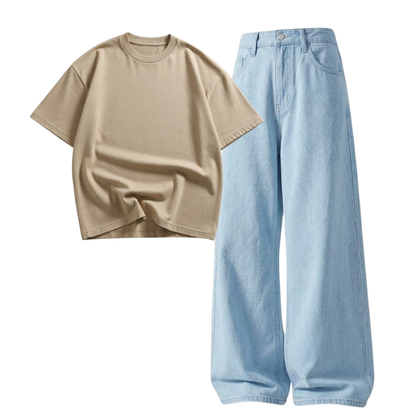 Iceblue Wide-Leg Baggy Jeans With Oversized Drop Shoulder T-Shirt