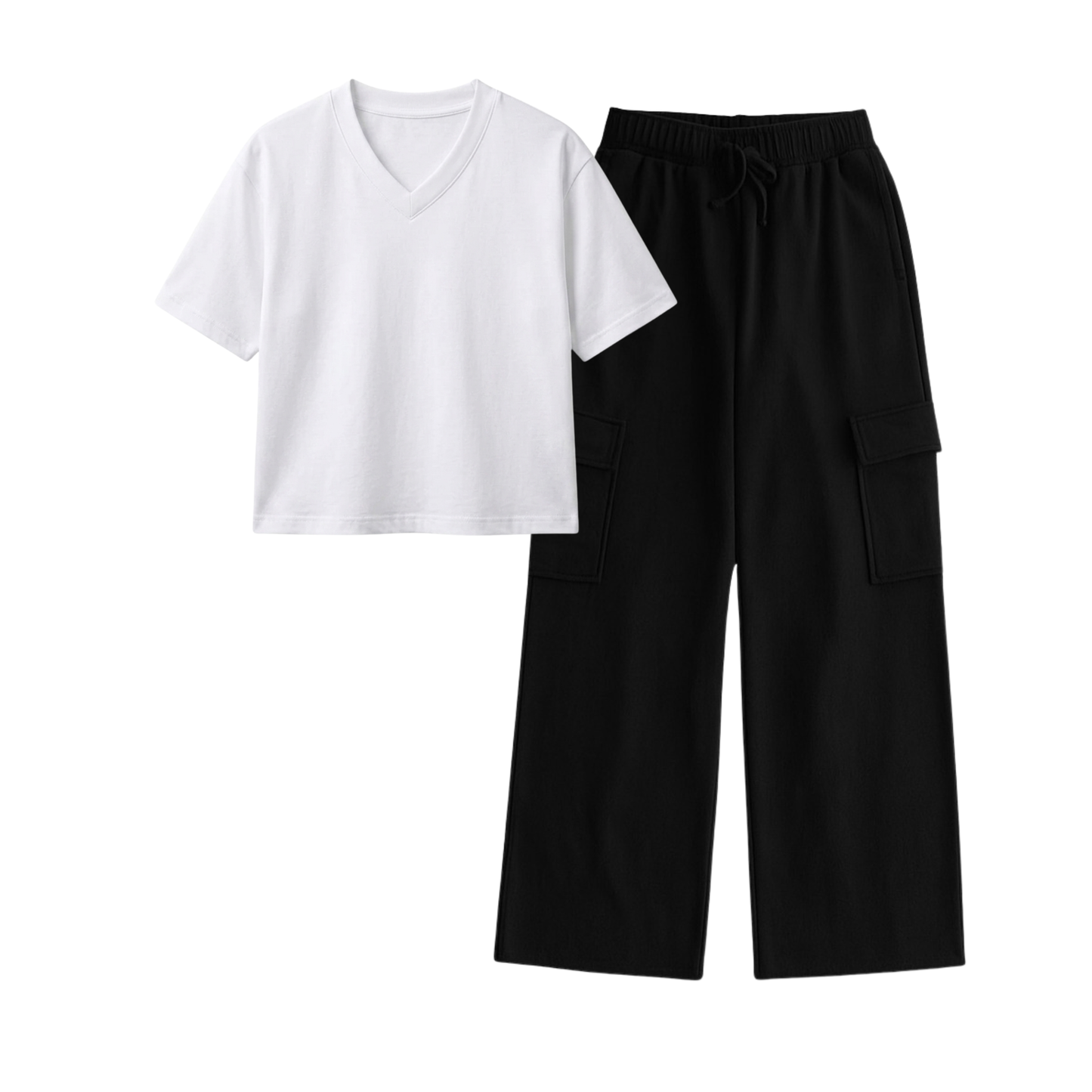 Black Wide-Leg Cargo With Crop V-Neck T-Shirt