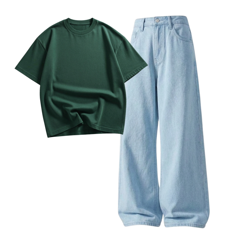 Iceblue Wide-Leg Baggy Jeans With Oversized Drop Shoulder T-Shirt