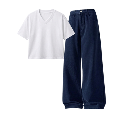 Darkblue Wide-Leg Baggy Jeans With Crop V-Neck T-Shirt