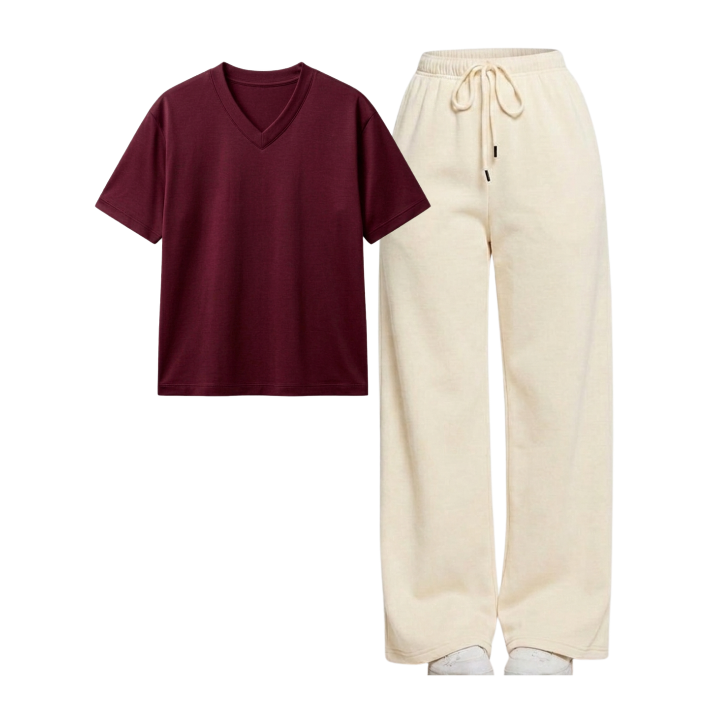 Beige Wide-Leg Trouser With V-Neck T-Shirt