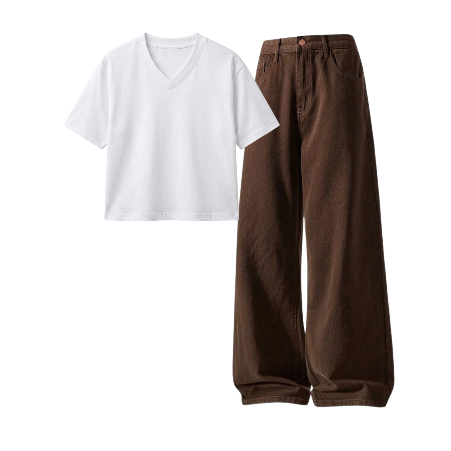 Brown Wide-Leg Baggy Jeans With Crop V-Neck T-Shirt