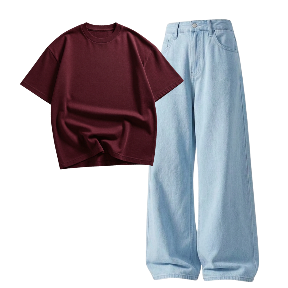 Iceblue Wide-Leg Baggy Jeans With Oversized Drop Shoulder T-Shirt
