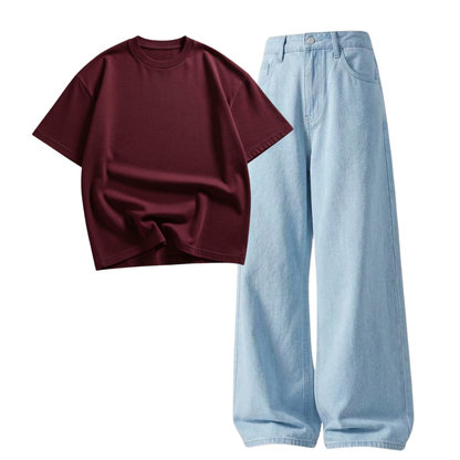 Iceblue Wide-Leg Baggy Jeans With Oversized Drop Shoulder T-Shirt