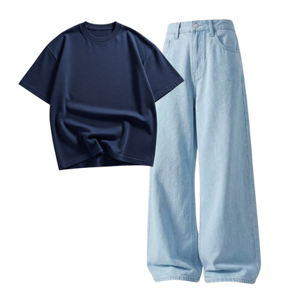 Iceblue Wide-Leg Baggy Jeans With Oversized Drop Shoulder T-Shirt