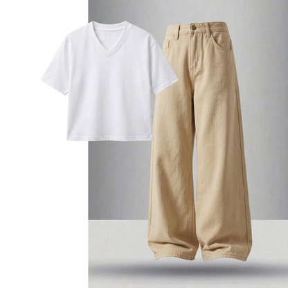 Beige Wide-Leg Baggy Jeans With Crop V-Neck T-Shirt