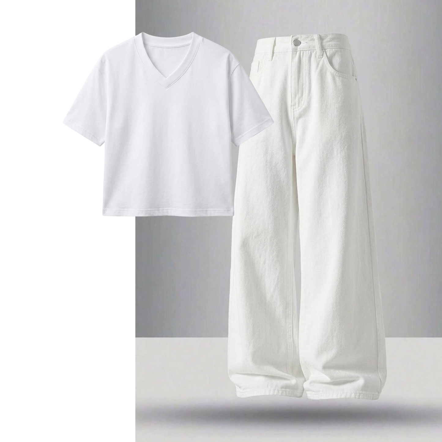 White Wide-Leg Baggy Jeans With Crop V-Neck T-Shirt