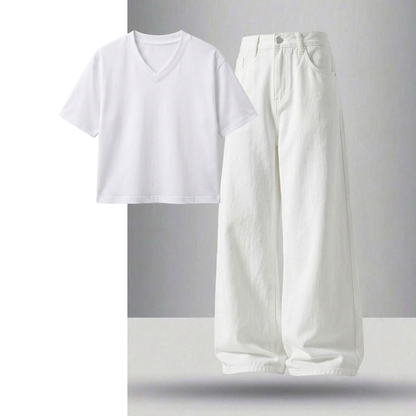 White Wide-Leg Baggy Jeans With Crop V-Neck T-Shirt
