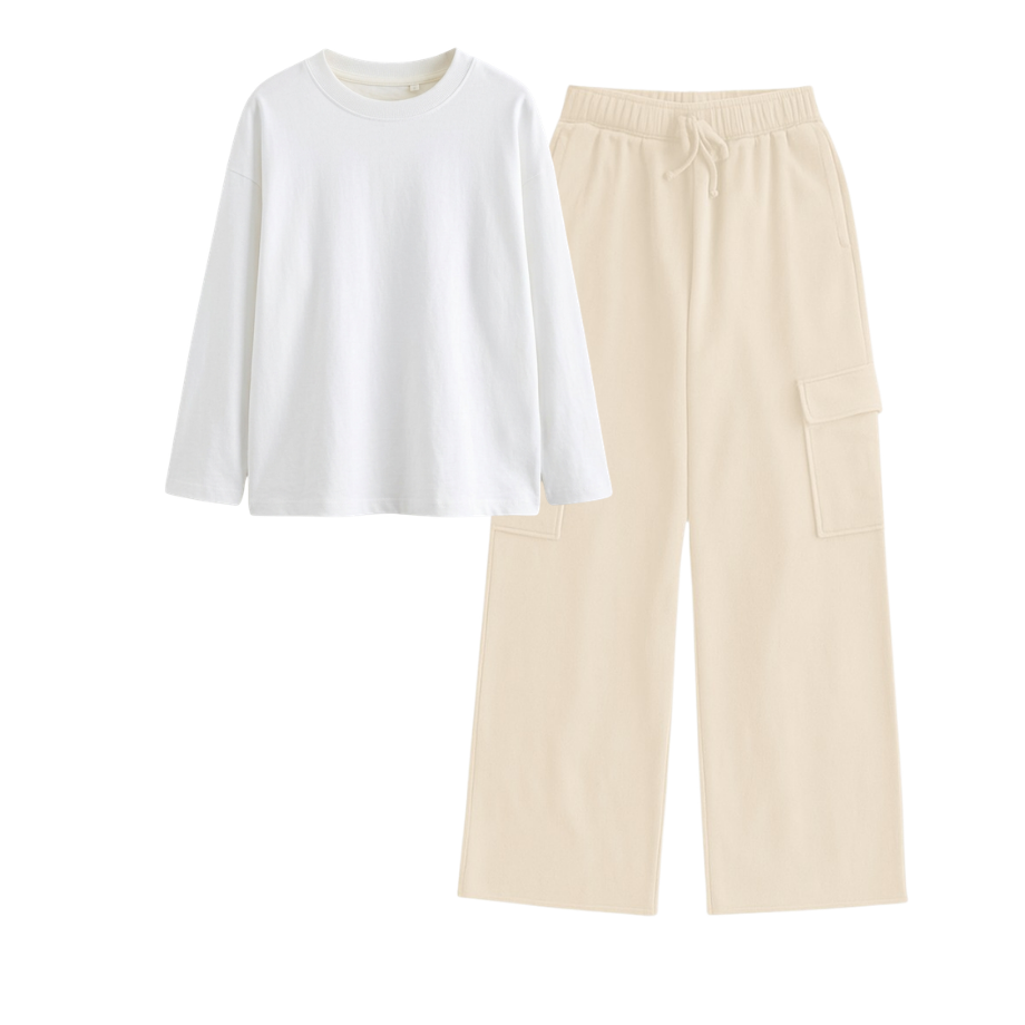 Cream Wide-Leg Cargo With Full Sleeves T-Shirt