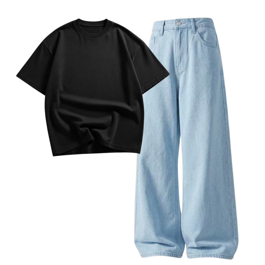 Iceblue Wide-Leg Baggy Jeans With Oversized Drop Shoulder T-Shirt