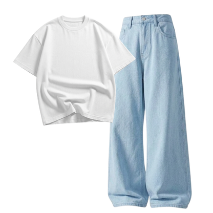 Iceblue Wide-Leg Baggy Jeans With Oversized Drop Shoulder T-Shirt