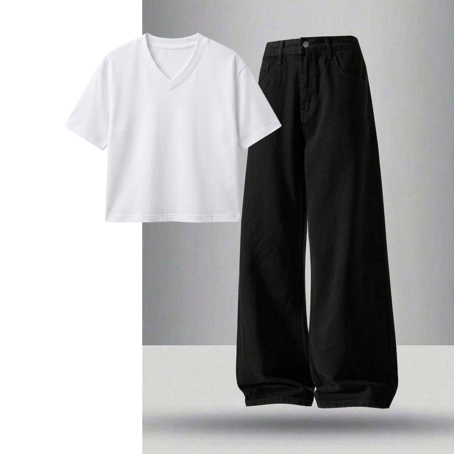 Black Wide-Leg Baggy Jeans With Crop V-Neck T-Shirt