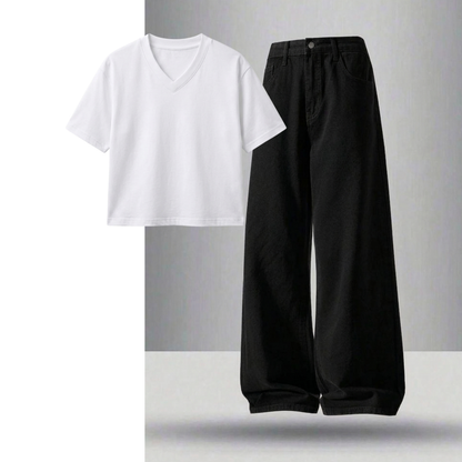 Black Wide-Leg Baggy Jeans With Crop V-Neck T-Shirt