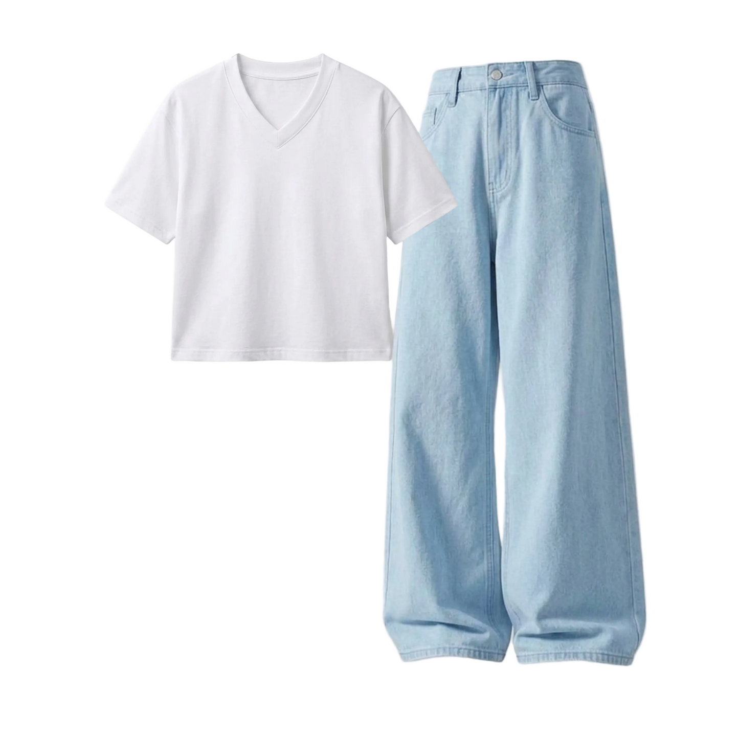 Iceblue Wide-Leg Baggy Jeans With Crop V-Neck T-Shirt
