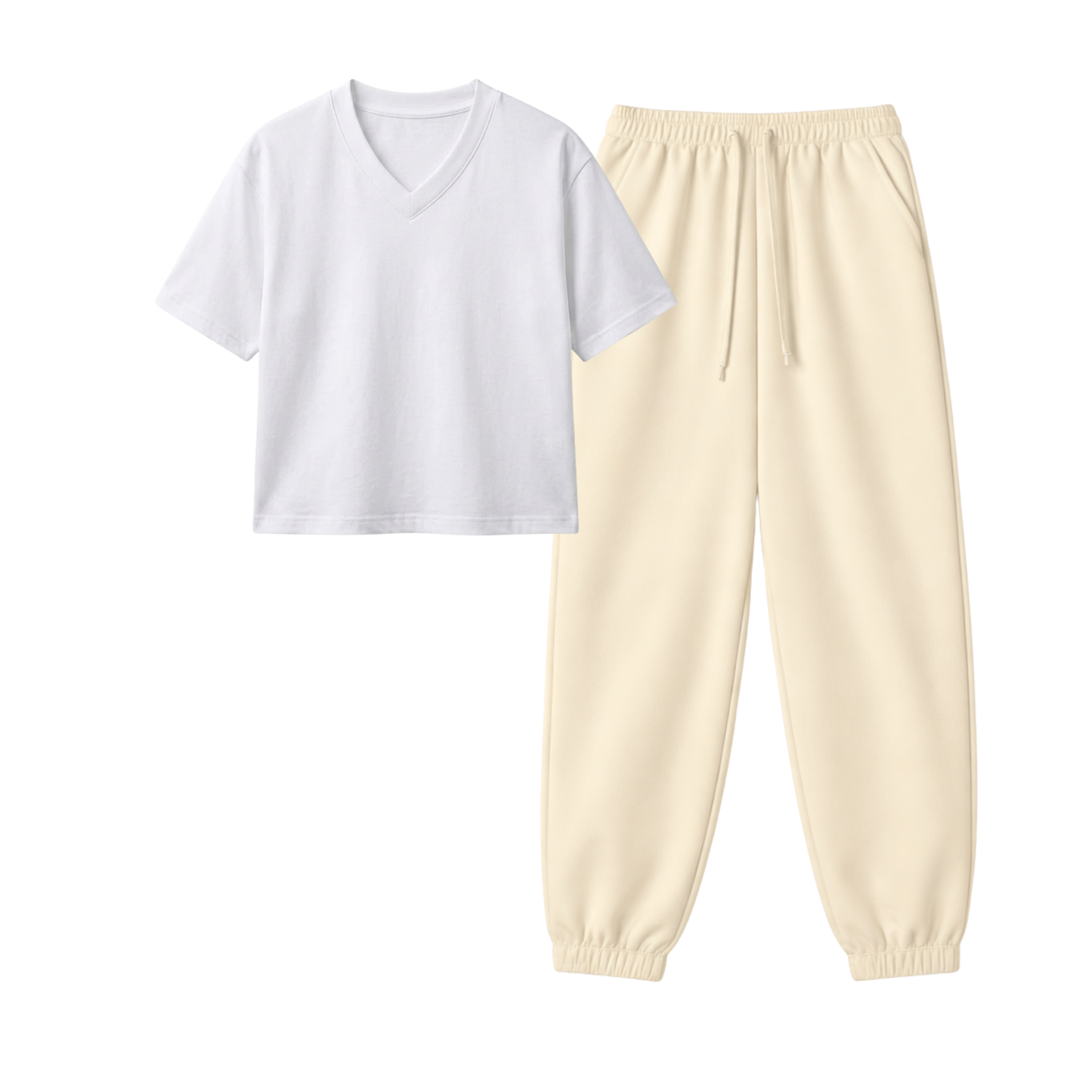 Cream Sweatpant With Crop V-Neck T-Shirt
