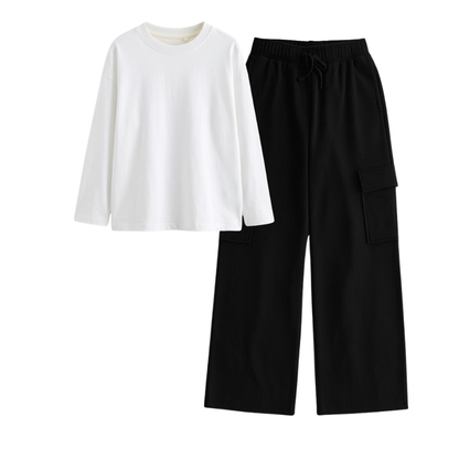 Black Wide-Leg Cargo With Full Sleeves T-Shirt