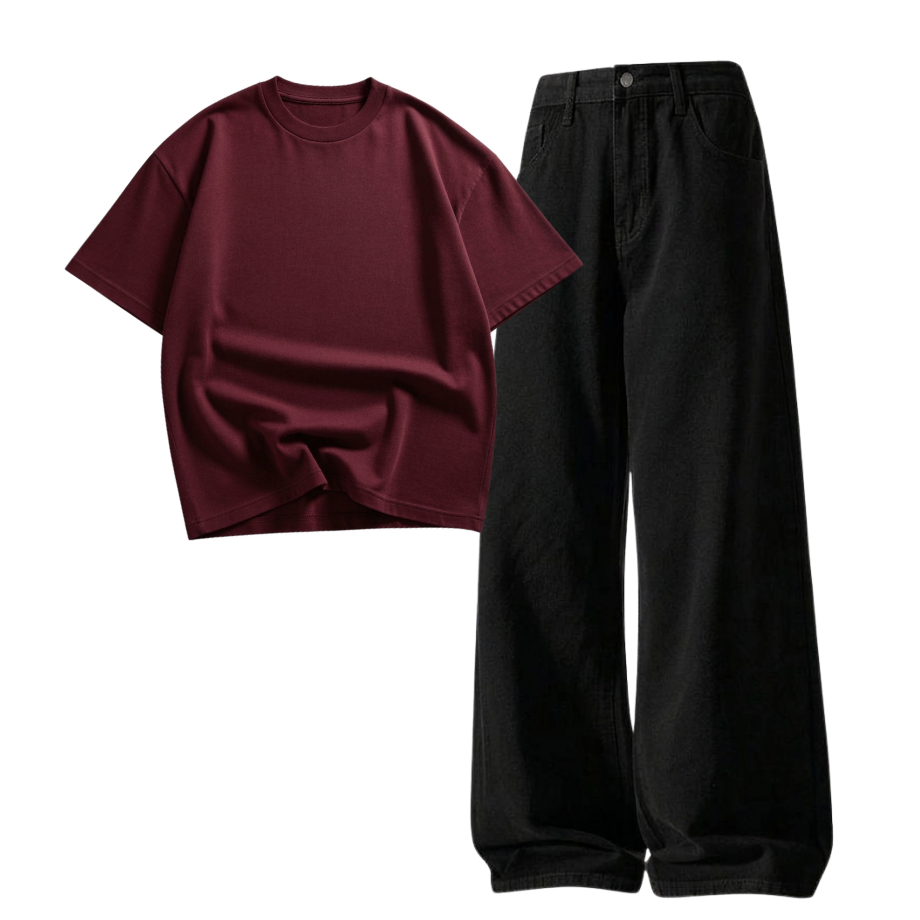 Black Wide-Leg Baggy Jeans With Oversized Drop Shoulder T-Shirt