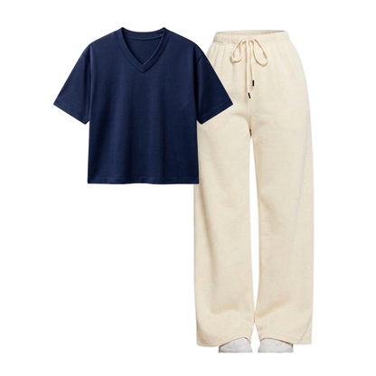 Beige Wide-Leg Trouser With Crop V-Neck T-Shirt