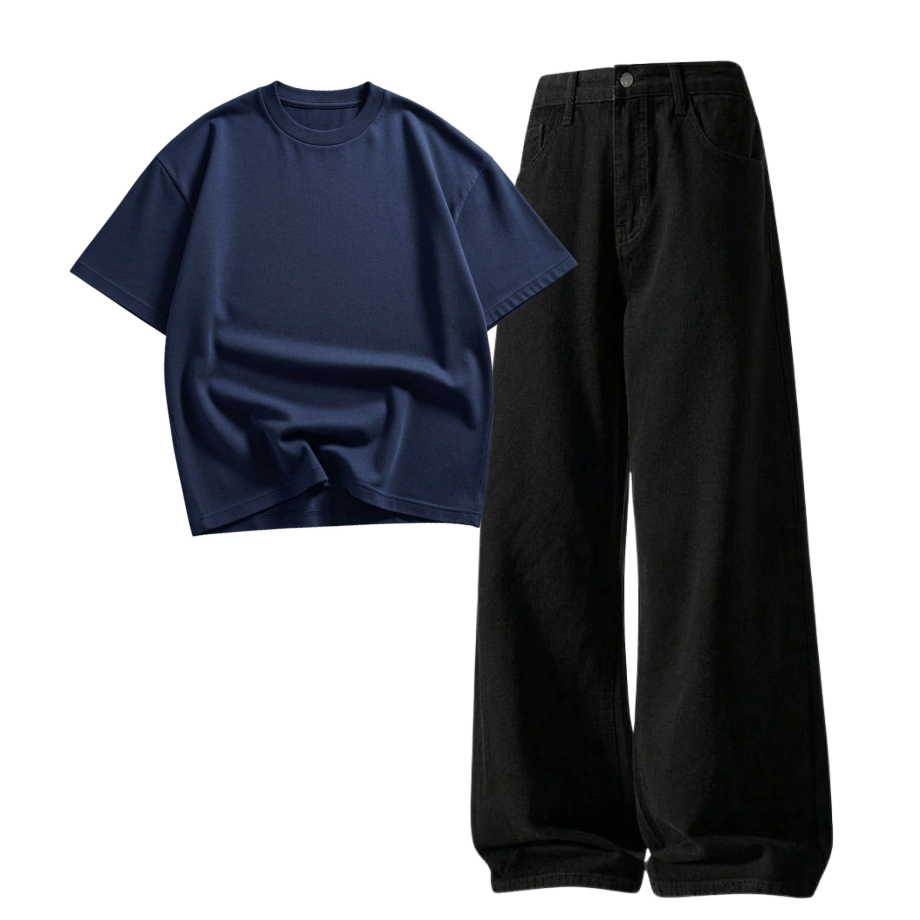 Black Wide-Leg Baggy Jeans With Oversized Drop Shoulder T-Shirt