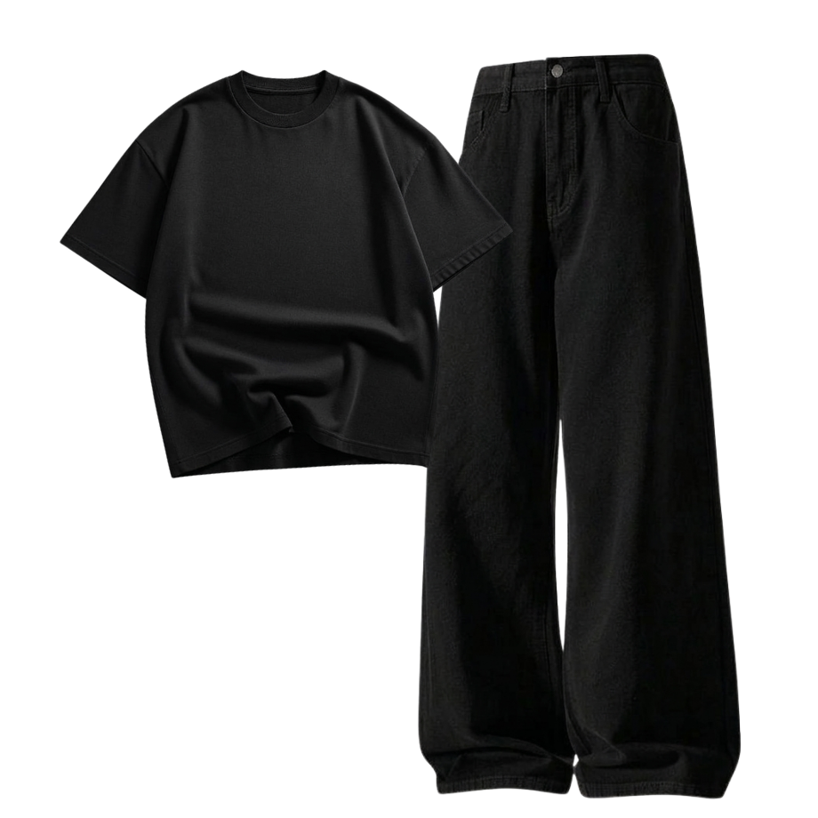Black Wide-Leg Baggy Jeans With Oversized Drop Shoulder T-Shirt