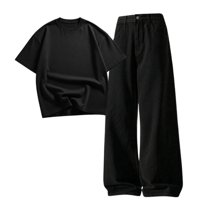 Black Wide-Leg Baggy Jeans With Oversized Drop Shoulder T-Shirt