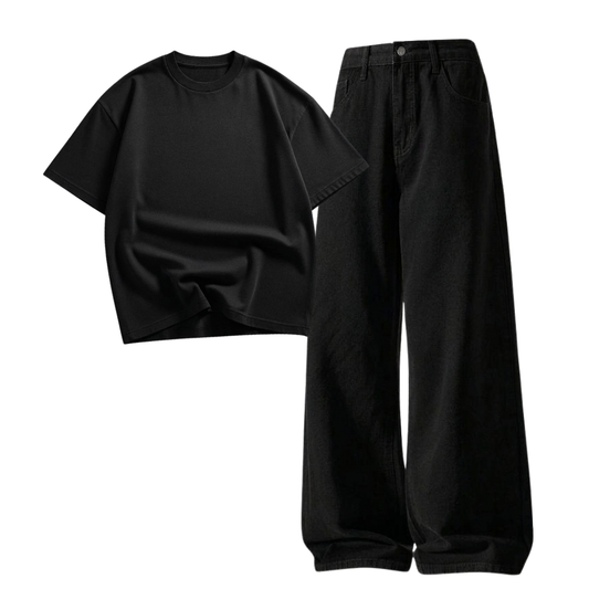 Black Wide-Leg Baggy Jeans With Oversized Drop Shoulder T-Shirt