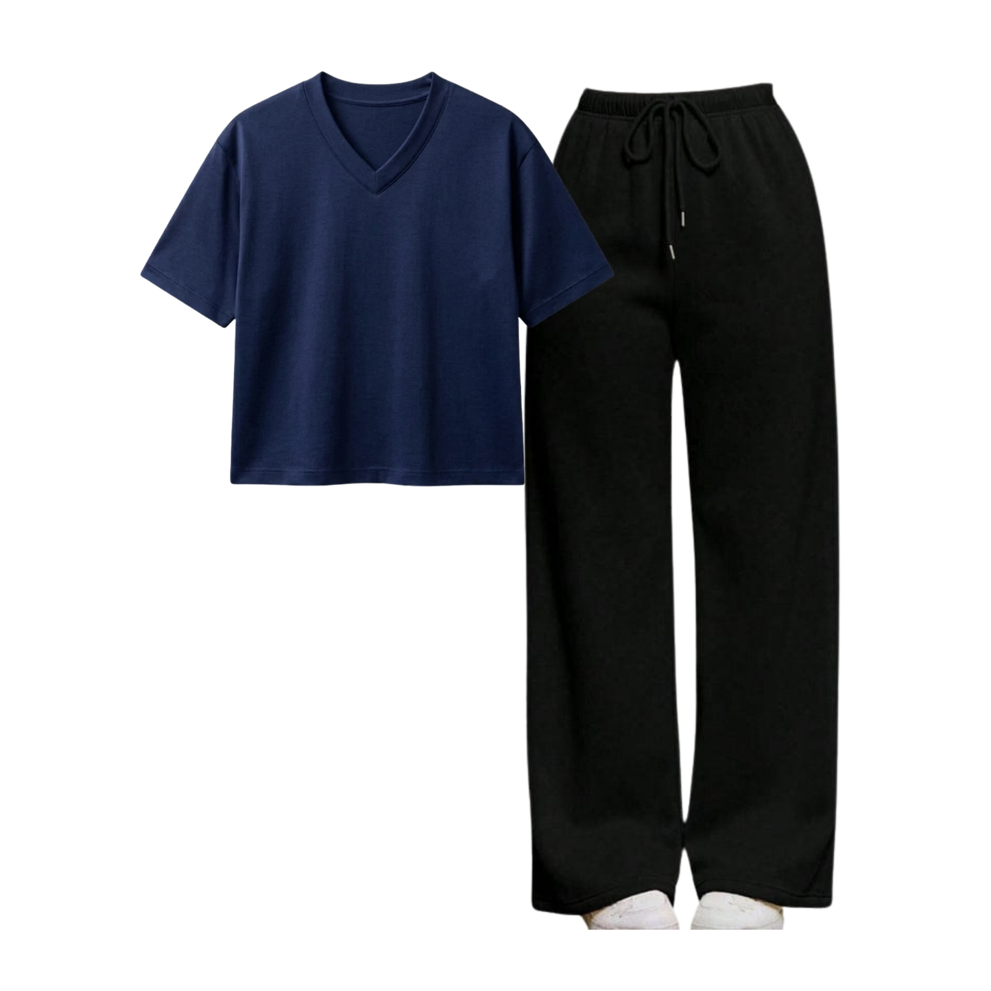 Black Wide-Leg Trouser With Crop V-Neck T-Shirt