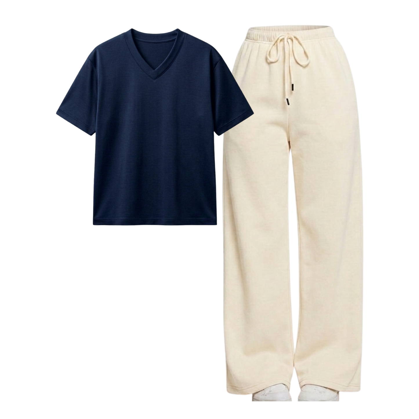 Beige Wide-Leg Trouser With V-Neck T-Shirt