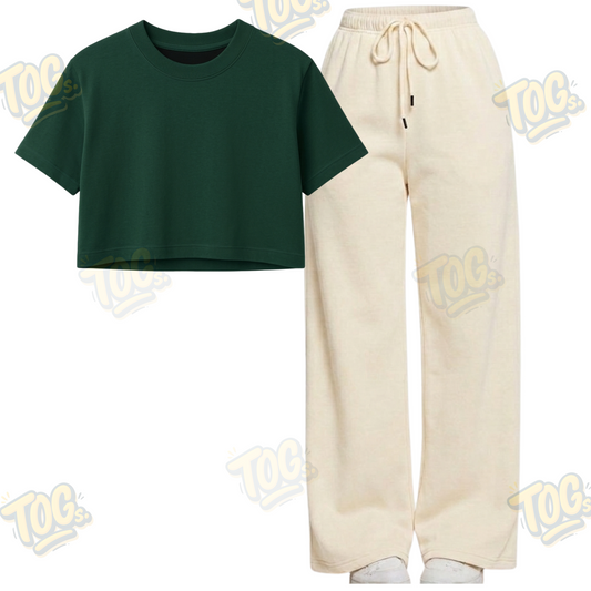 Beige Wide-Leg Trouser With Crop T-Shirts