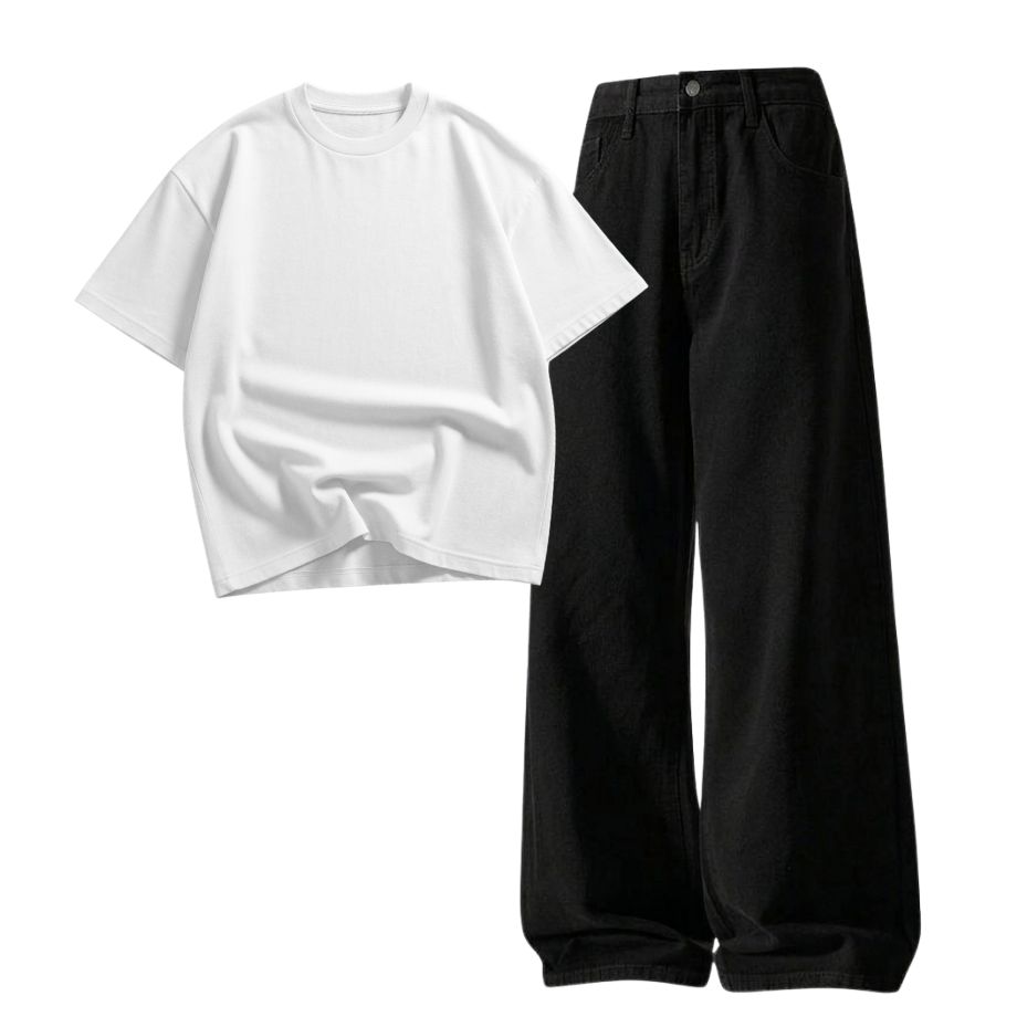 Black Wide-Leg Baggy Jeans With Oversized Drop Shoulder T-Shirt