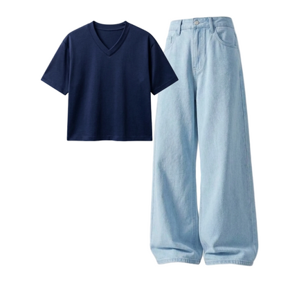 Iceblue Wide-Leg Baggy Jeans With Crop V-Neck T-Shirt