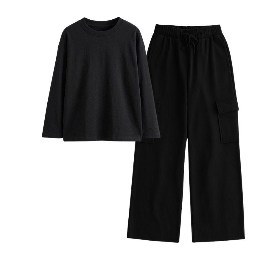 Black Wide-Leg Cargo With Full Sleeves T-Shirt
