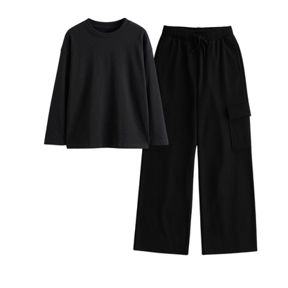 Black Wide-Leg Cargo With Full Sleeves T-Shirt
