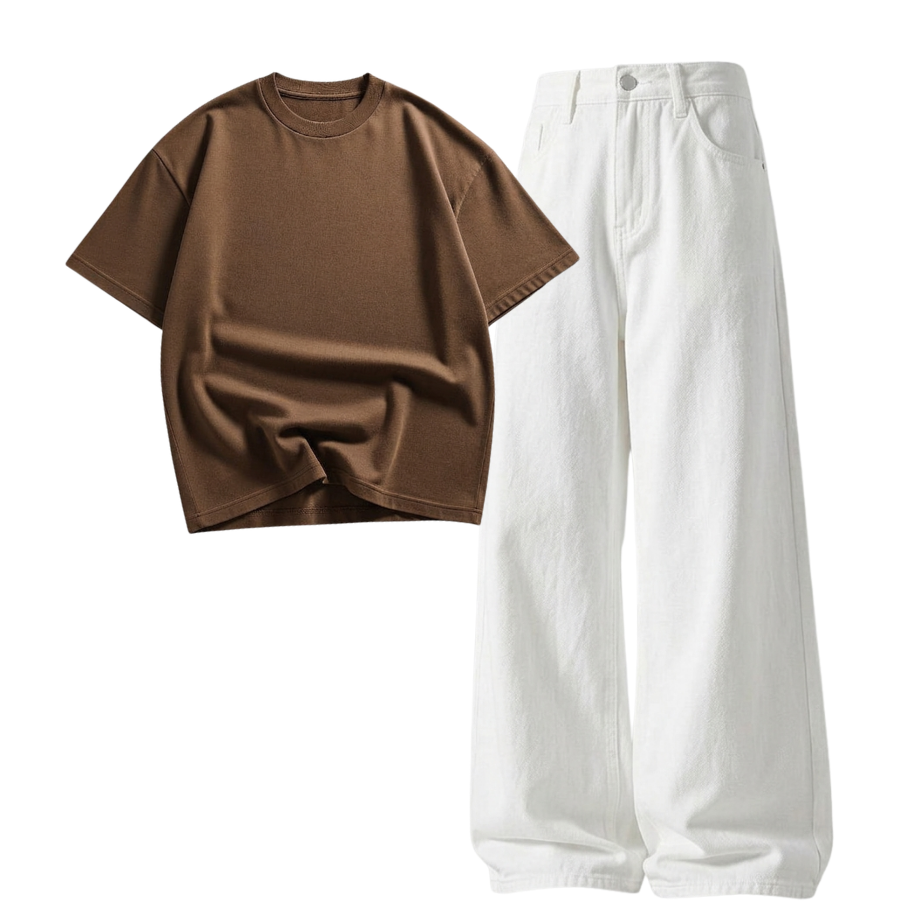 White Wide-Leg Baggy Jeans With Oversized Drop Shoulder T-Shirt