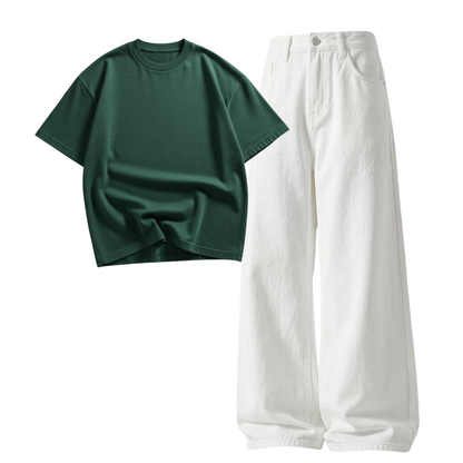 White Wide-Leg Baggy Jeans With Oversized Drop Shoulder T-Shirt