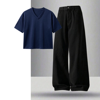 Black Wide-Leg Baggy Jeans With Crop V-Neck T-Shirt