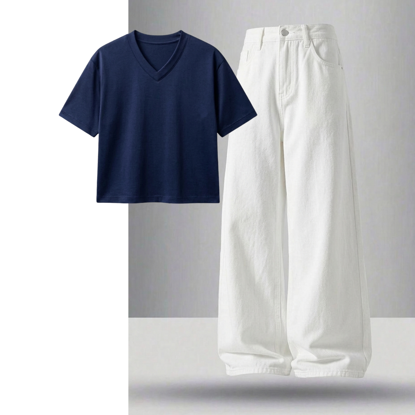 White Wide-Leg Baggy Jeans With Crop V-Neck T-Shirt