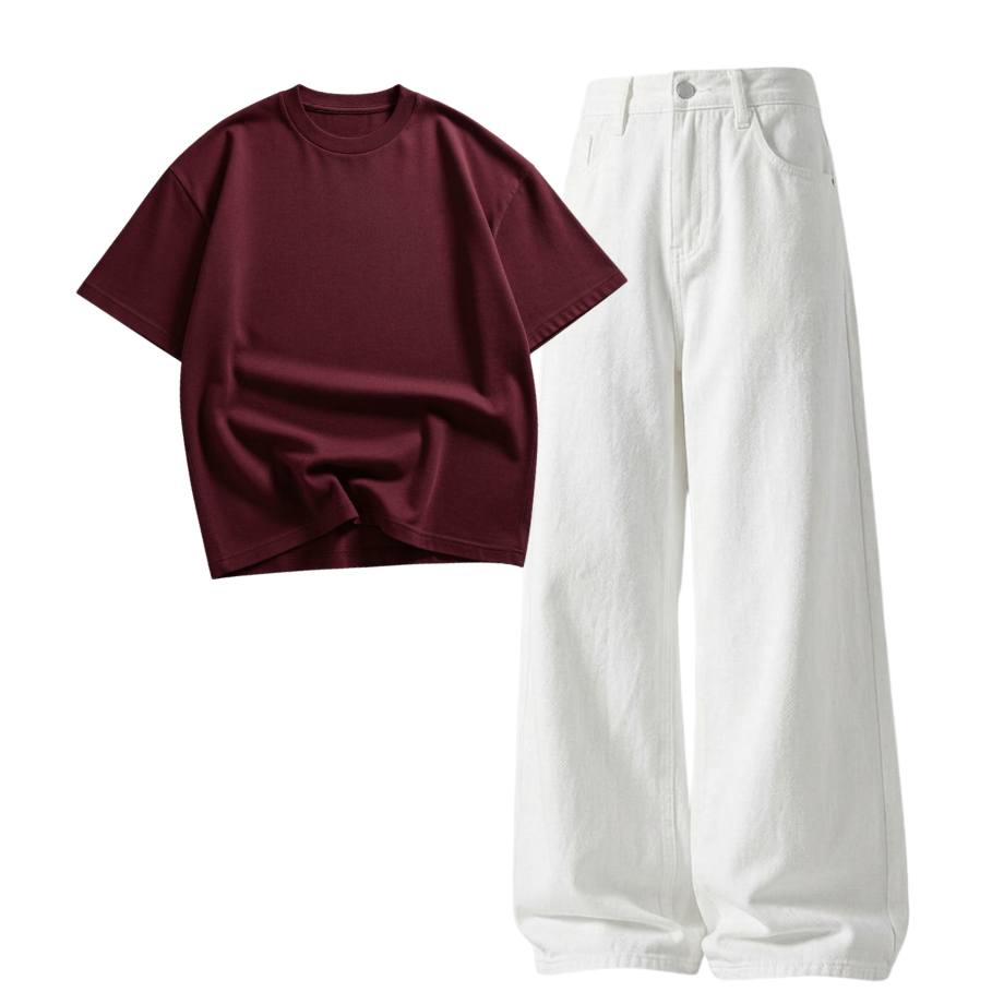 White Wide-Leg Baggy Jeans With Oversized Drop Shoulder T-Shirt